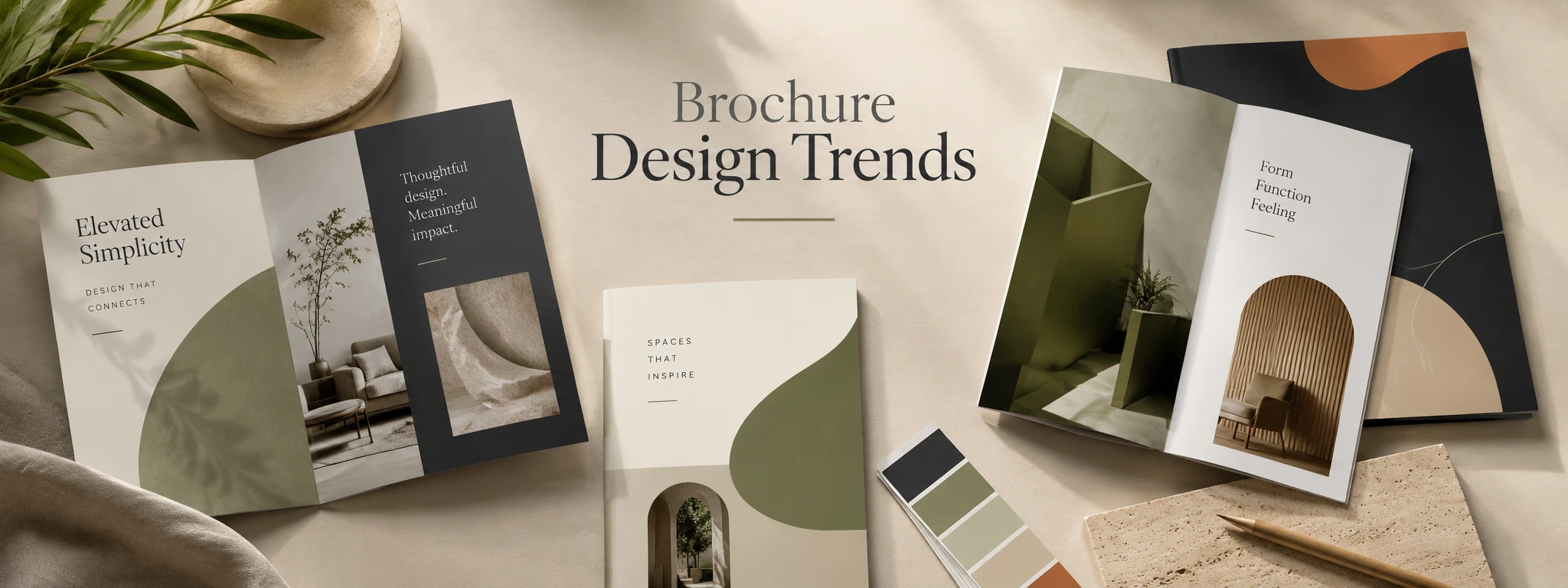Modern brochure design examples featuring minimalist layouts, editorial typography, organic shapes, and earthy colors