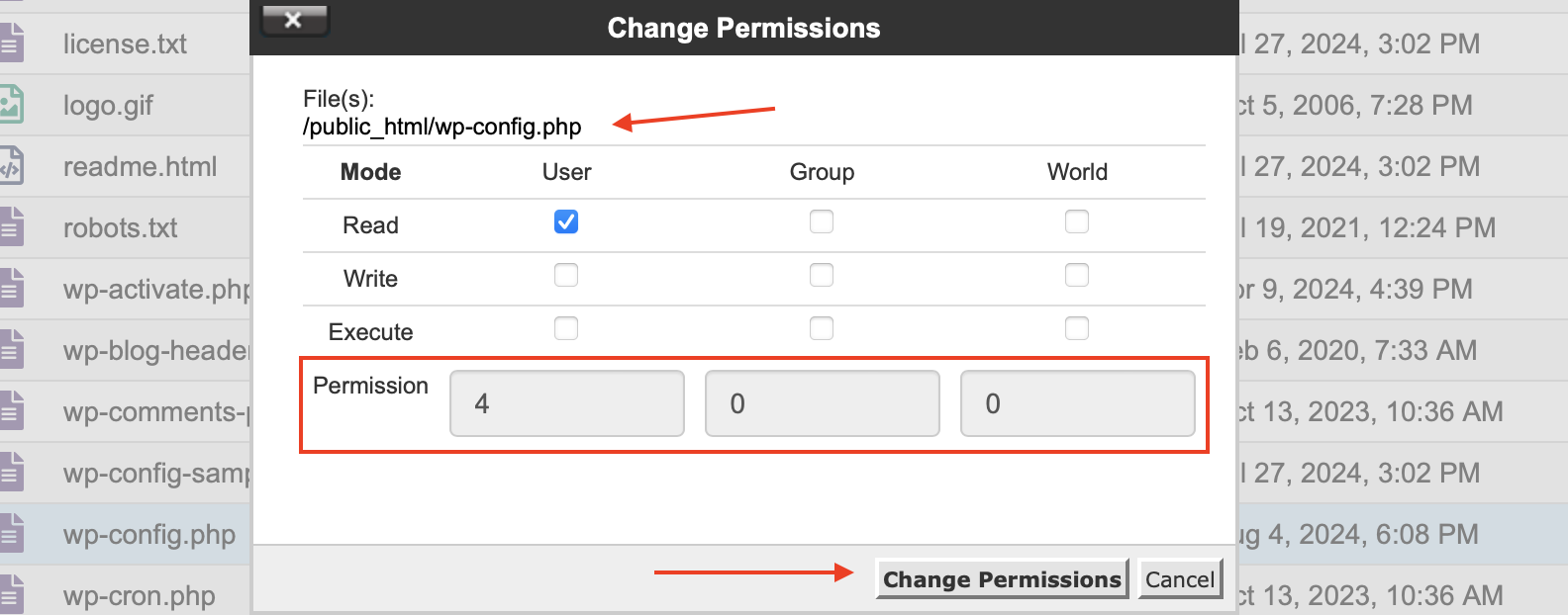 Find and edit wp-config file WordPress: wp-config file permissions