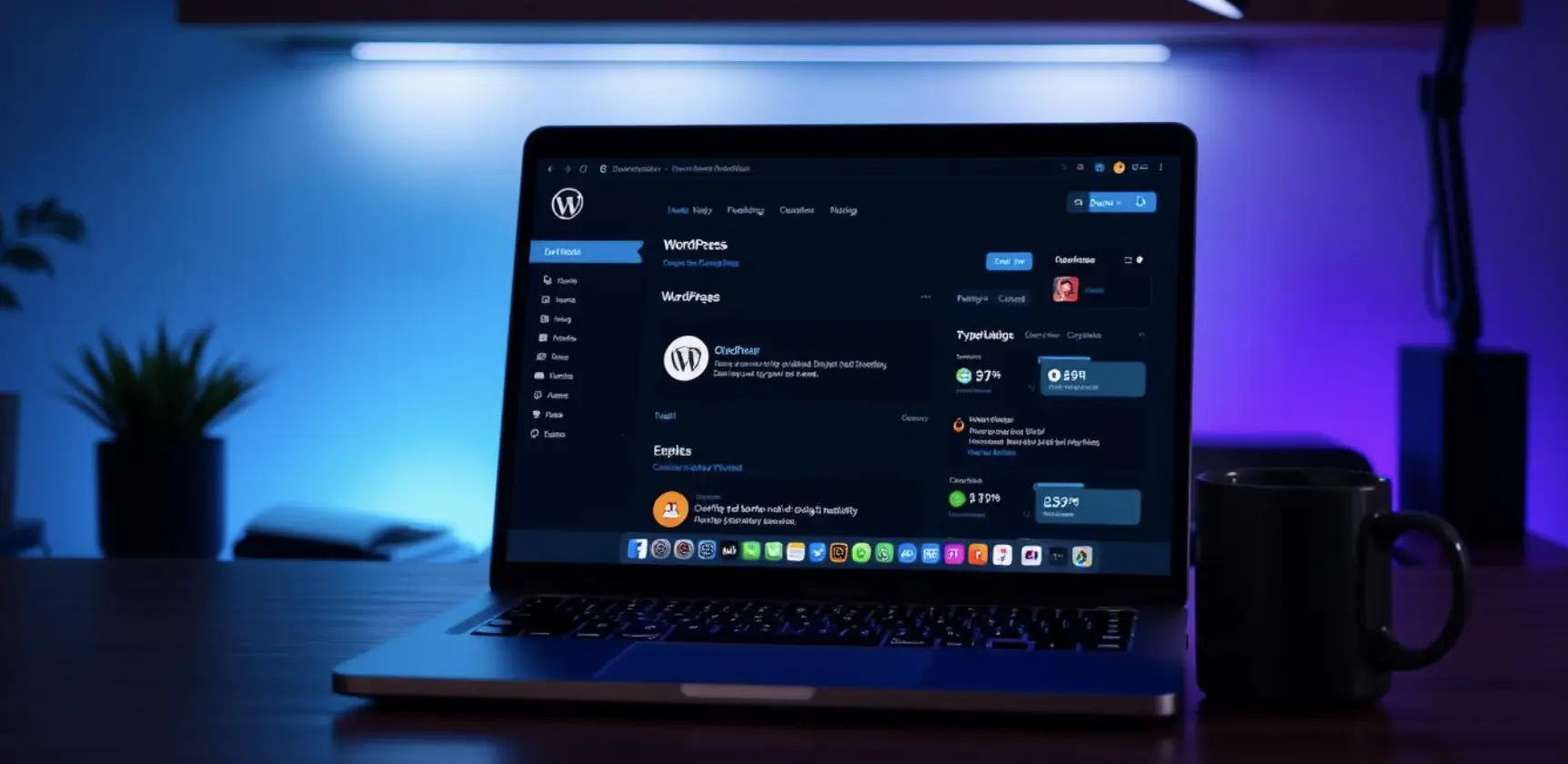 A sleek laptop screen displaying a WordPress dashboard in dark mode, vibrant colors contrasting against a black background, illuminated workspace with ambient lighting, showcasing modern web design elements and plugin icons, a stylish coffee mug nearby, minimalistic office environment.