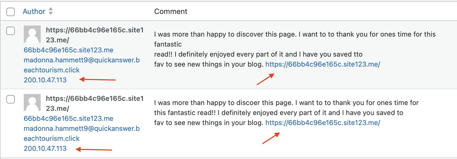 Spam comments Identify malicious IP addresses
