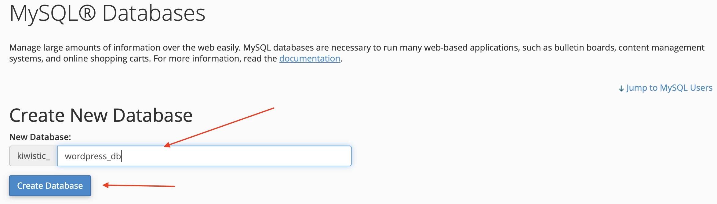 cPanel Create New Database Interface