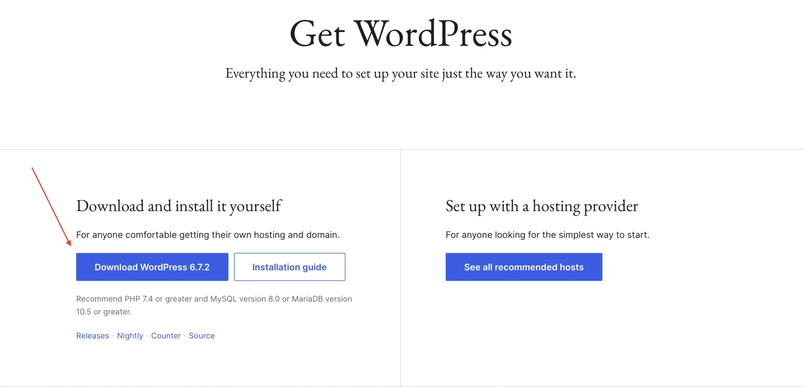 WordPress Download Page - Highlighting the Download WordPress Button