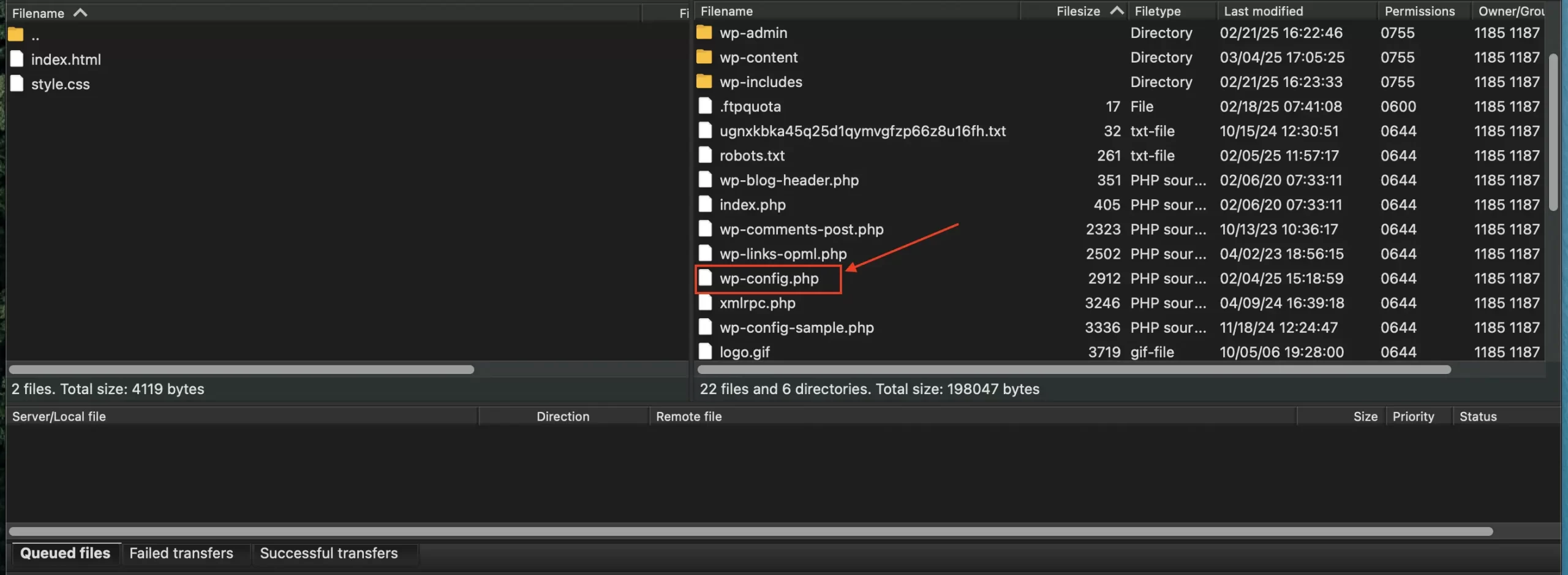 FTP Client navigating to edit wp-config.php file