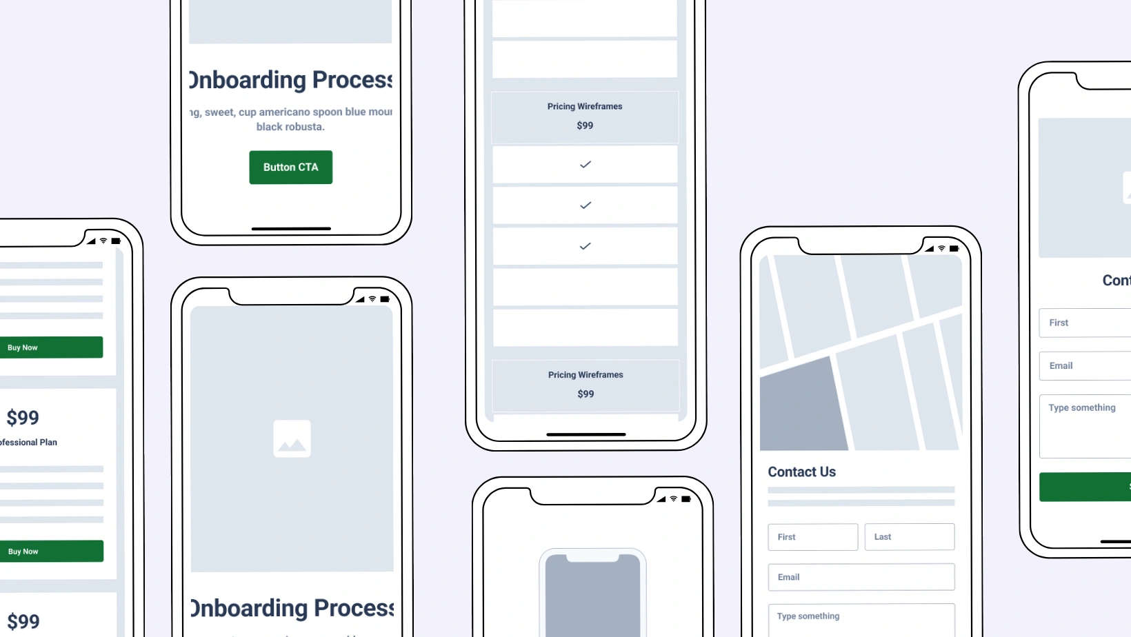 Wireframe mobile screen showcase Wireframe mobile screen showcase