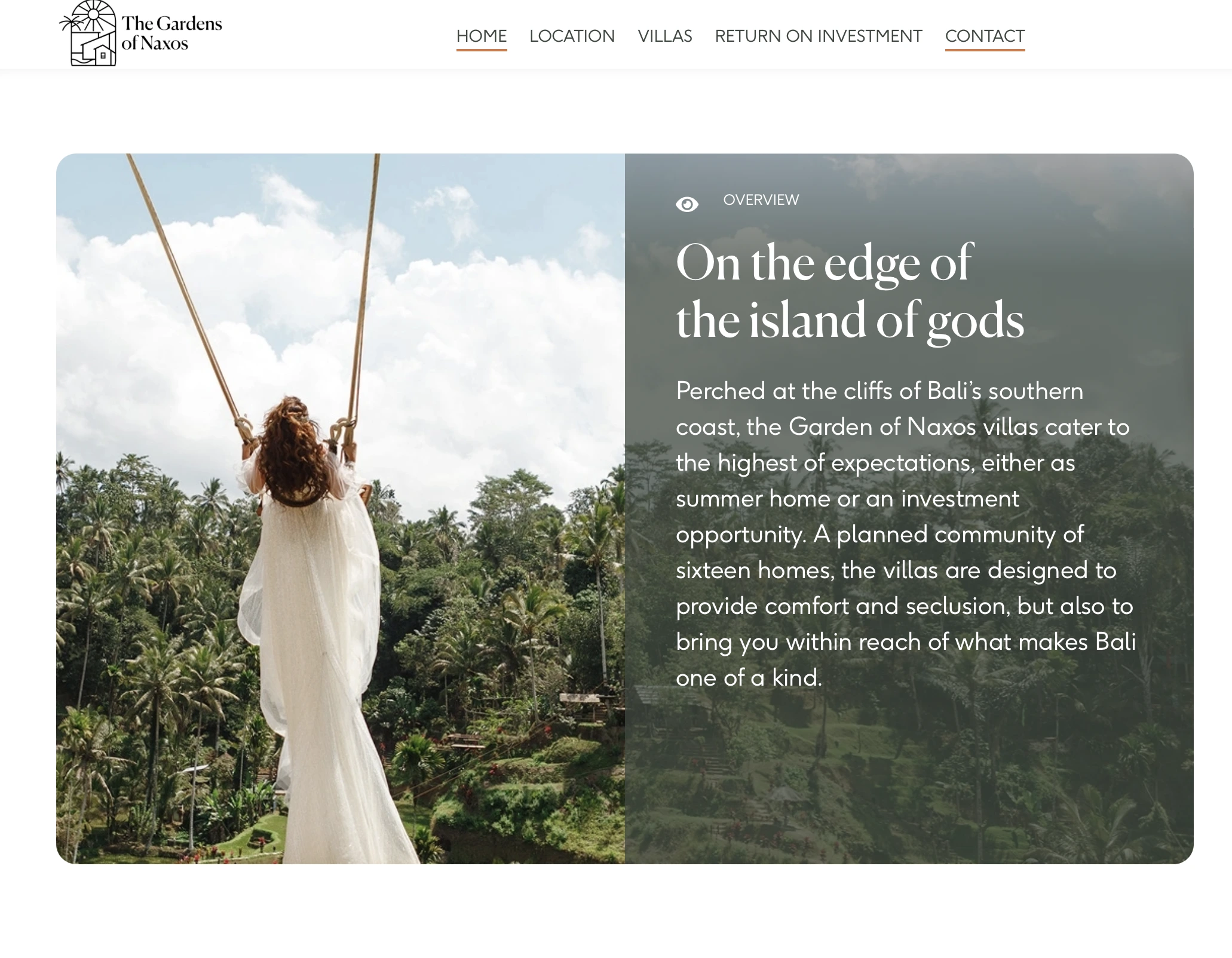 Overview section of The Gardens of Naxos website, showing a woman on a swing over a jungle next to a text block titled 'On the edge of the island of gods'.