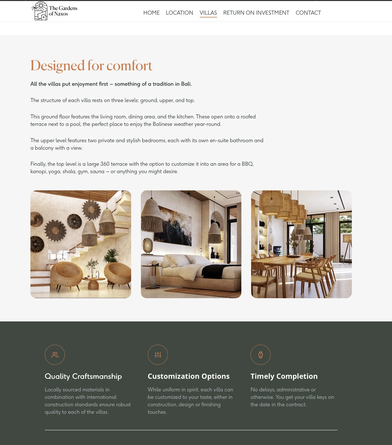 A section of The Gardens of Naxos website titled 'Designed for comfort', showing text details, a gallery of villa interiors, and icons for craftsmanship and customization.