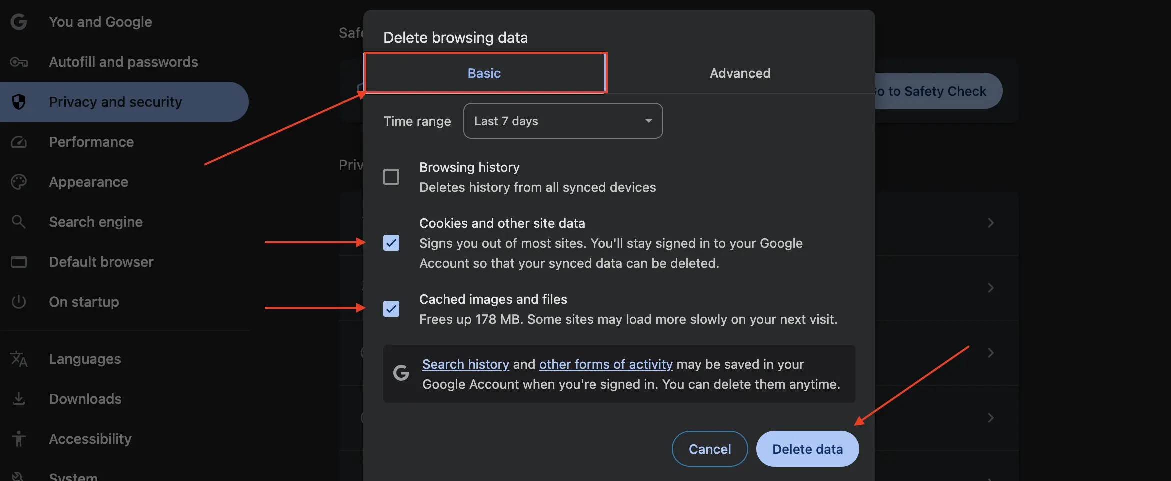 Clear data and browser cache in Chrome browser