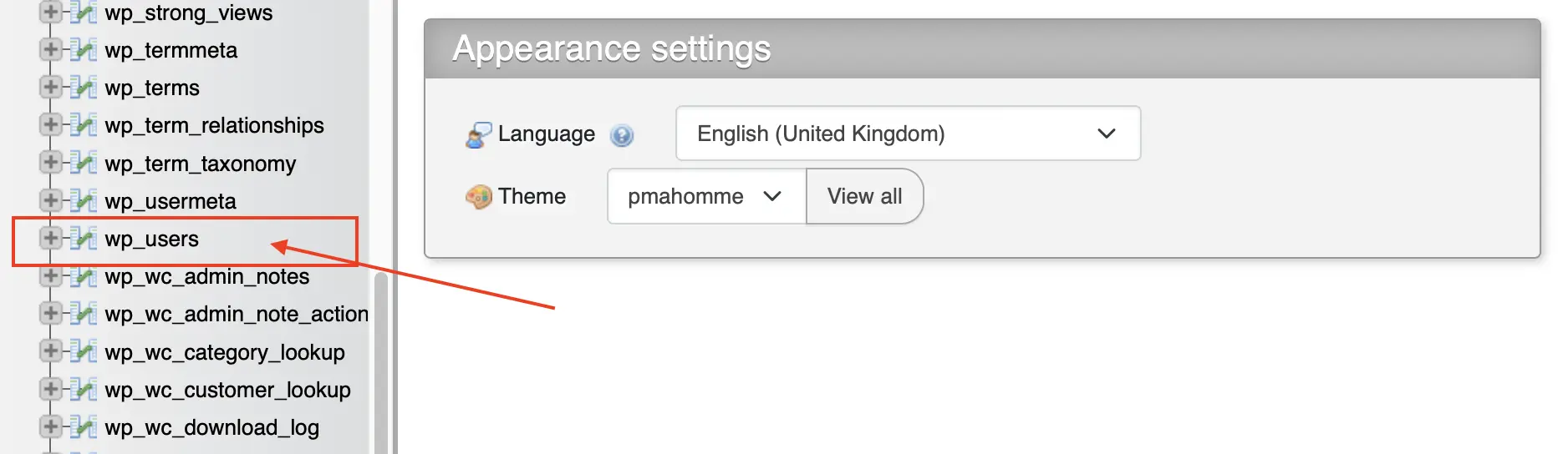 wp_users table in phpmyadmin