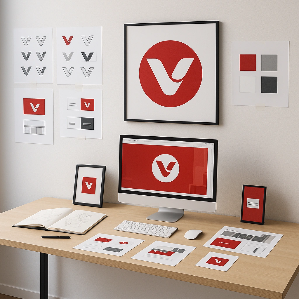 Modern design workspace displaying the finished red circular VINS Agency logo on screens and mockups alongside color and layout prototypes.