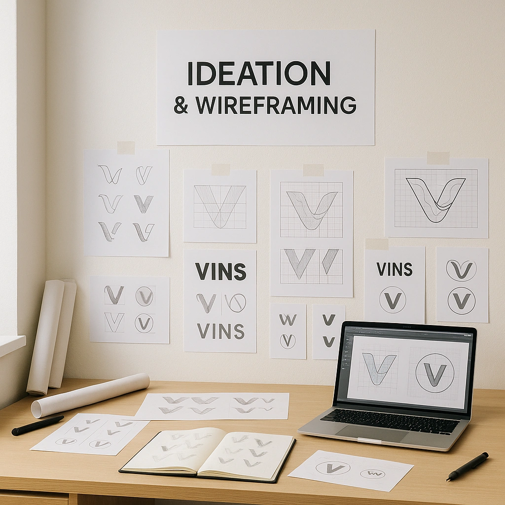Creative office wall showing hand-drawn “V” logo variations, grid wireframes, and laptop sketches during the VINS Agency ideation phase.