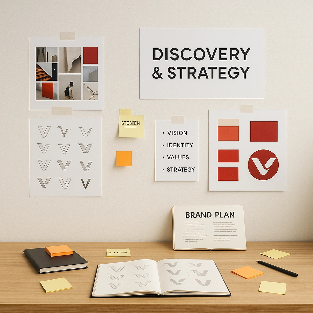 Design studio wall with inspiration boards, early “V” logo sketches, and brand strategy documents for VINS Agency.