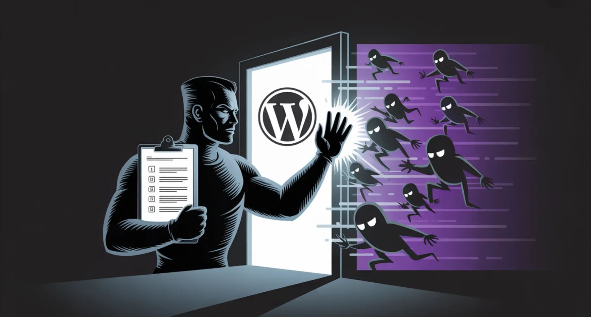 A Digital Bouncer Protecting a WordPress Site Illustration of a digital bouncer holding a blacklist clipboard and stopping spam bots from entering a doorway with the WordPress logo.
