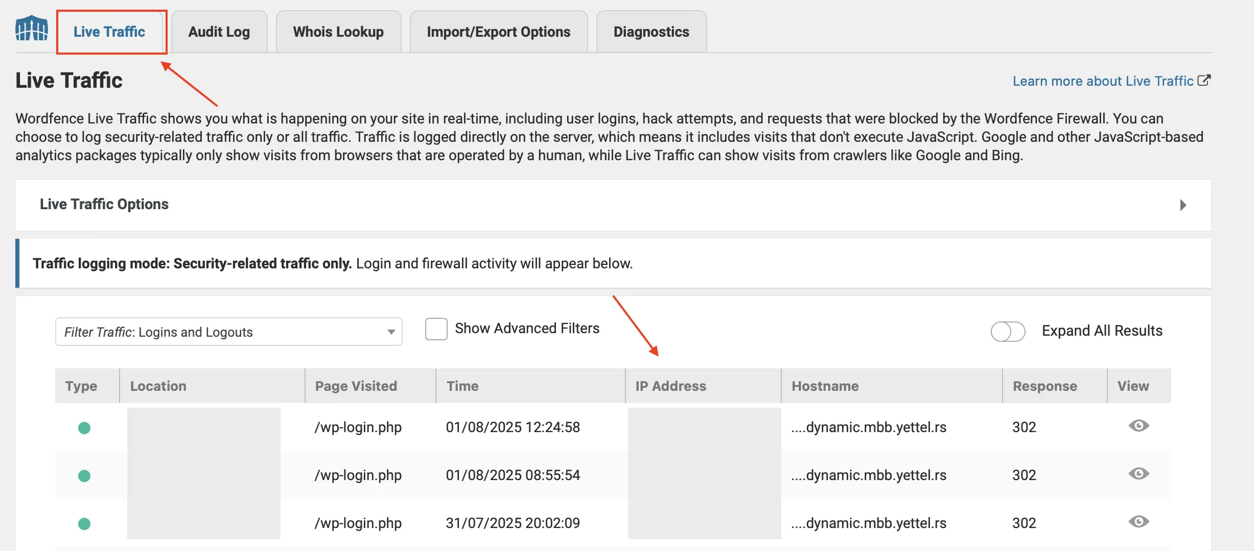 Wordfence Live Traffic Showing Login Attempts Screenshot of Wordfence Live Traffic tab in WordPress showing login attempts with IP addresses and hostnames.