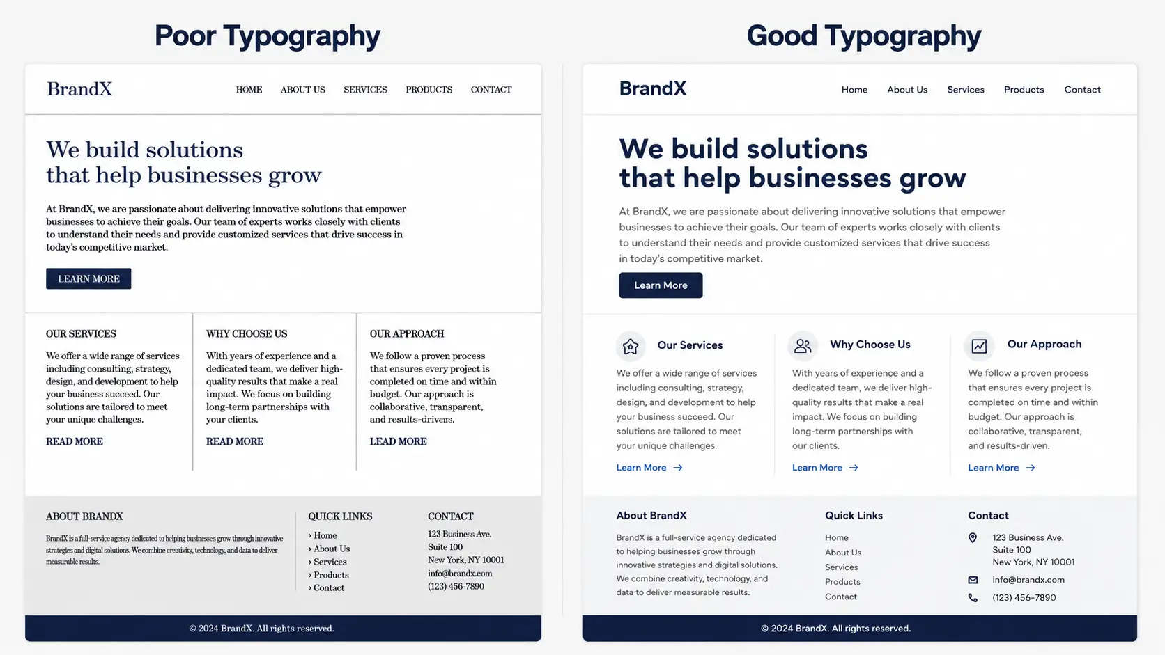 Side by side comparison of poor and good typography in web design
