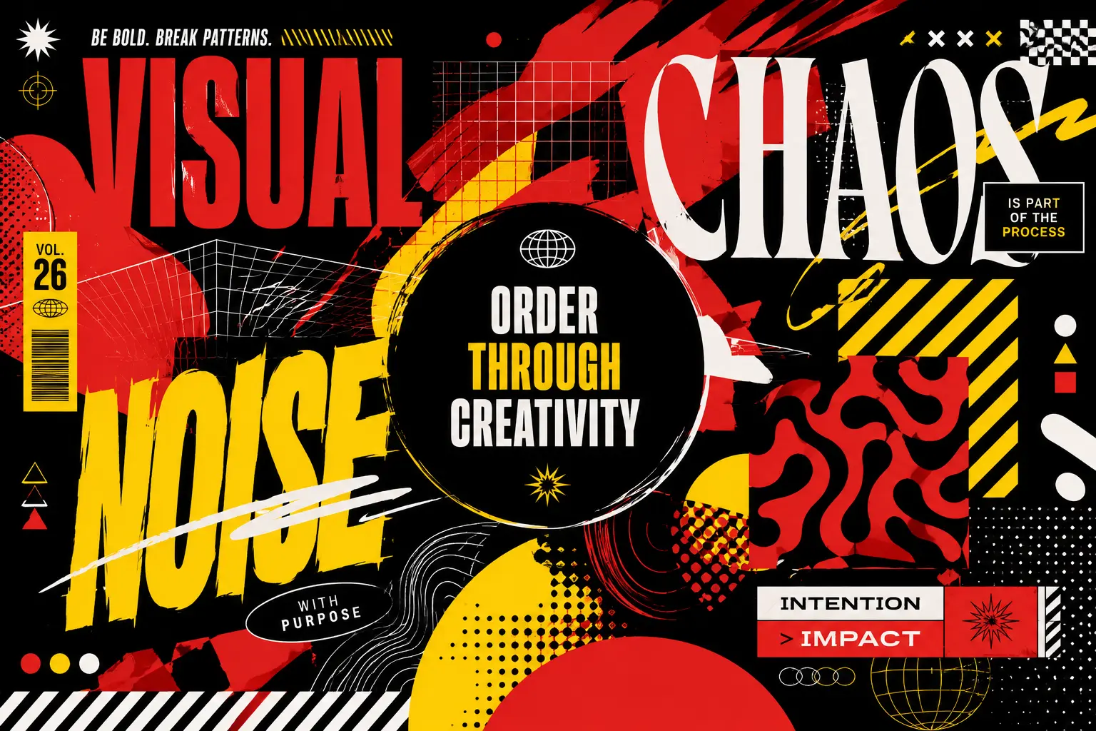 Maximalist vector design composition with layered typography and controlled visual chaos
