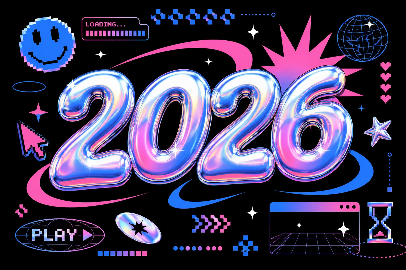 Retro Y2K vector design aesthetic with chrome gradients and bubbly typography in 2026