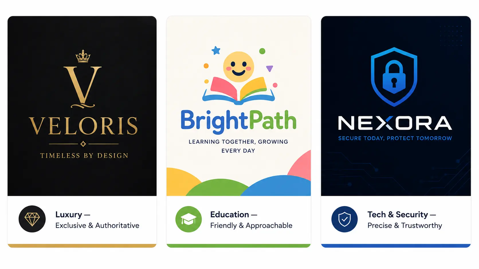 Three brand identity examples showing how typography communicates different brand personalities — luxury, education, and technology
