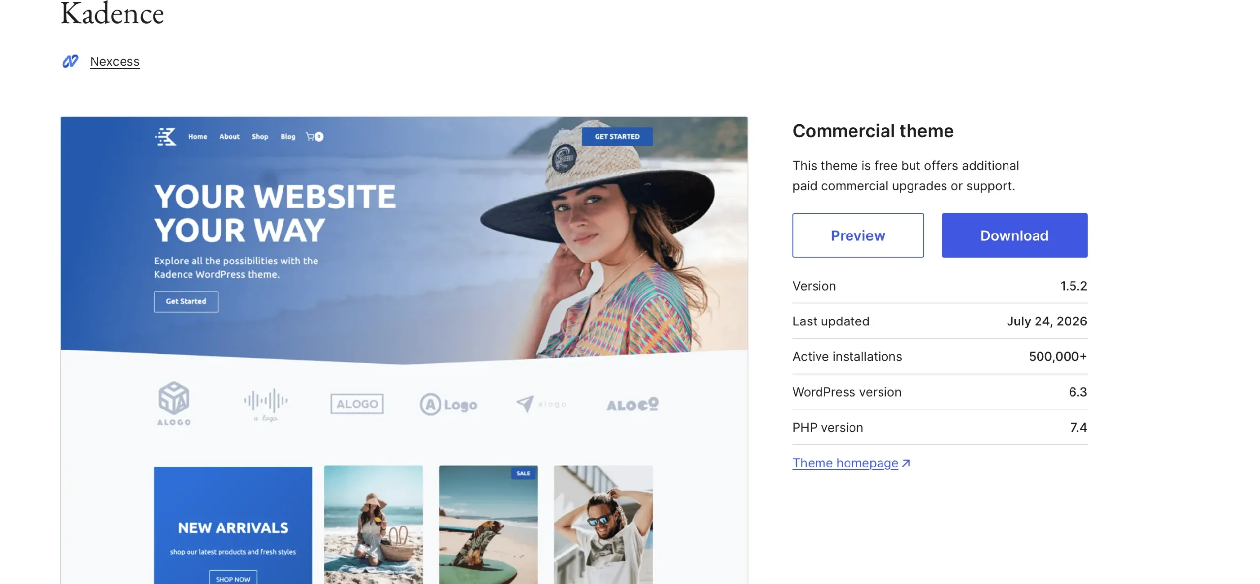 Kadence Theme - WordPress.org Kadence WordPress theme page showing 500,000+ active installations and current version details