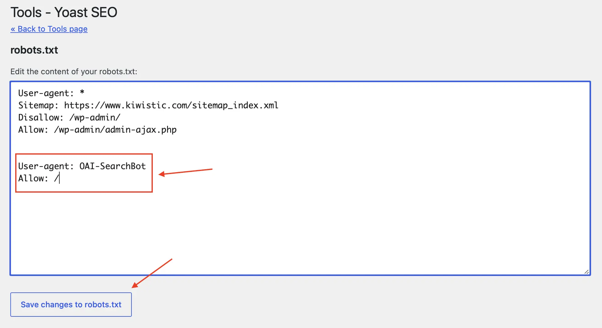 Yoast SEO robots.txt editor showing the correct OAI-SearchBot user-agent entry