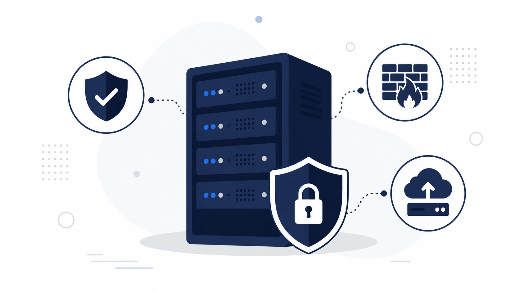 Secure hosting server protected by a shield, firewall, and cloud backup icons