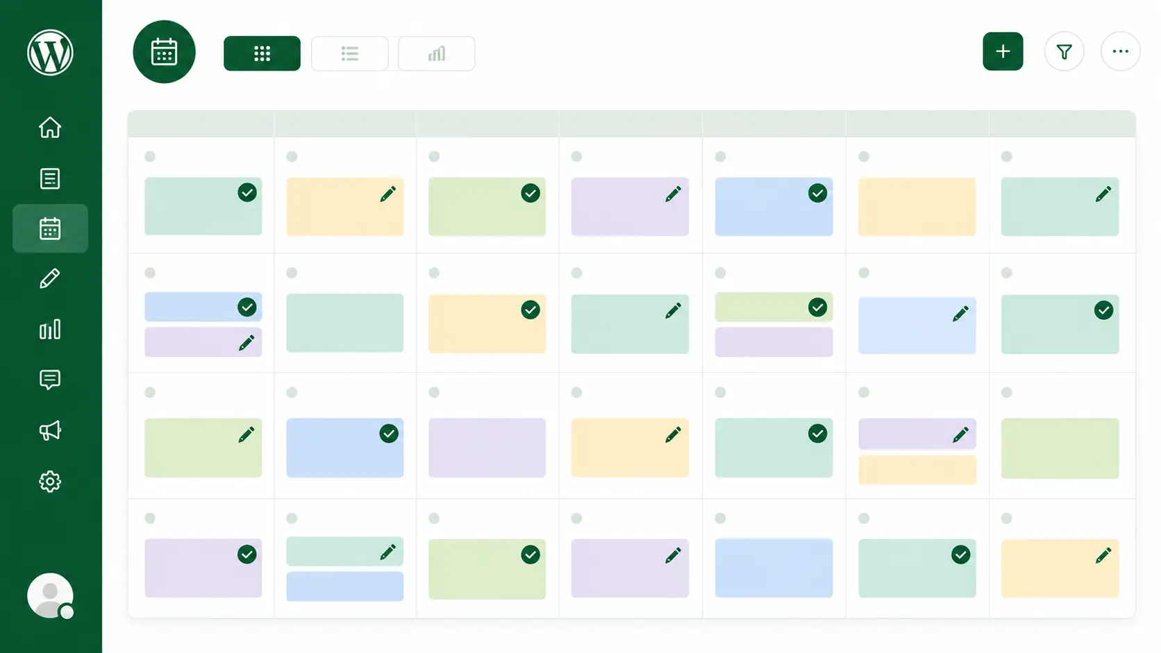 Monthly WordPress content calendar with color-coded scheduled posts and draft and published status icons