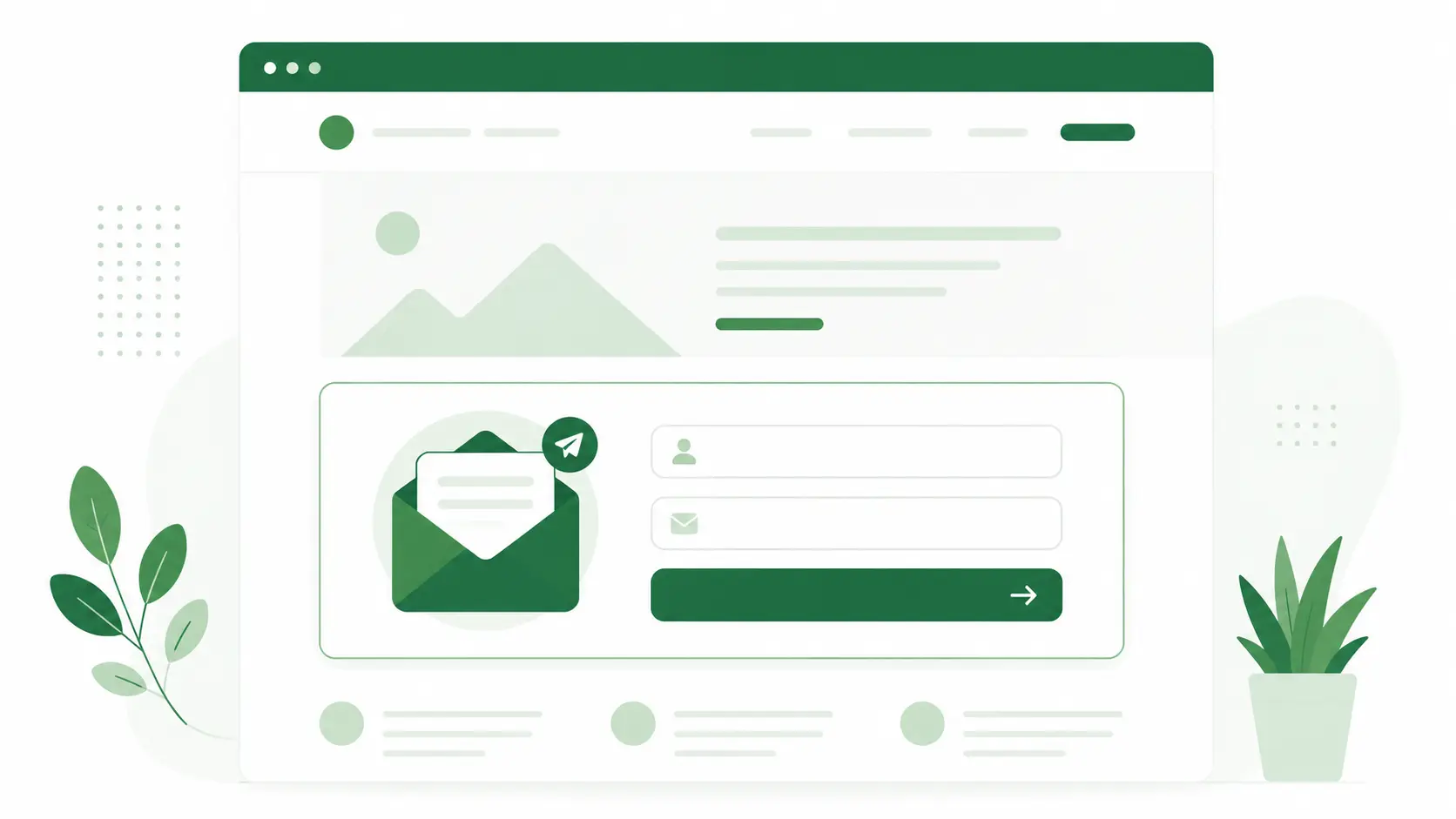 Website layout with an embedded email newsletter signup form, envelope icon, and subscribe button