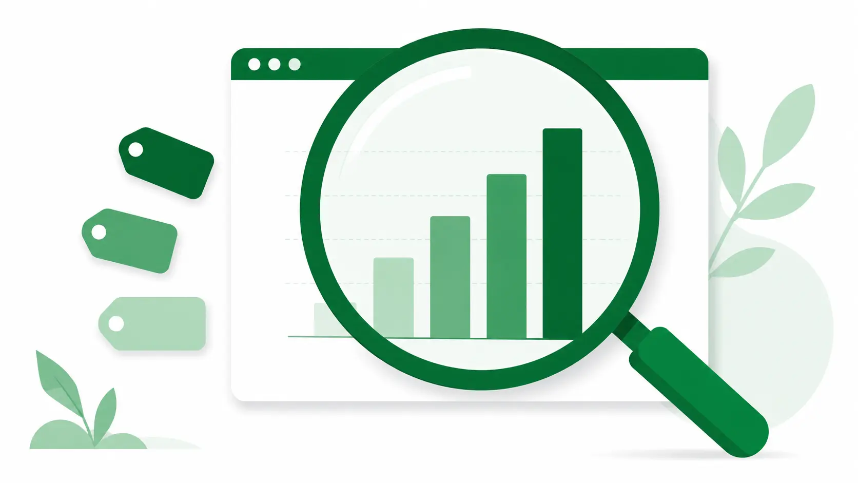Magnifying glass over a bar chart with keyword tag icons illustrating keyword research and search volume analysis