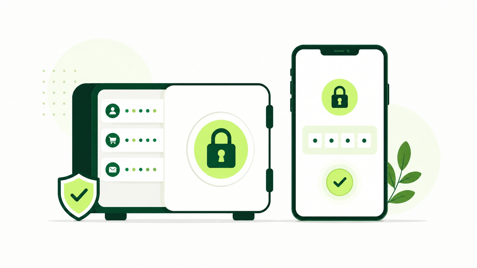 Password Vault and Two-Factor Authentication Illustration Password vault with a lock icon next to a smartphone displaying a two-factor authentication verification screen