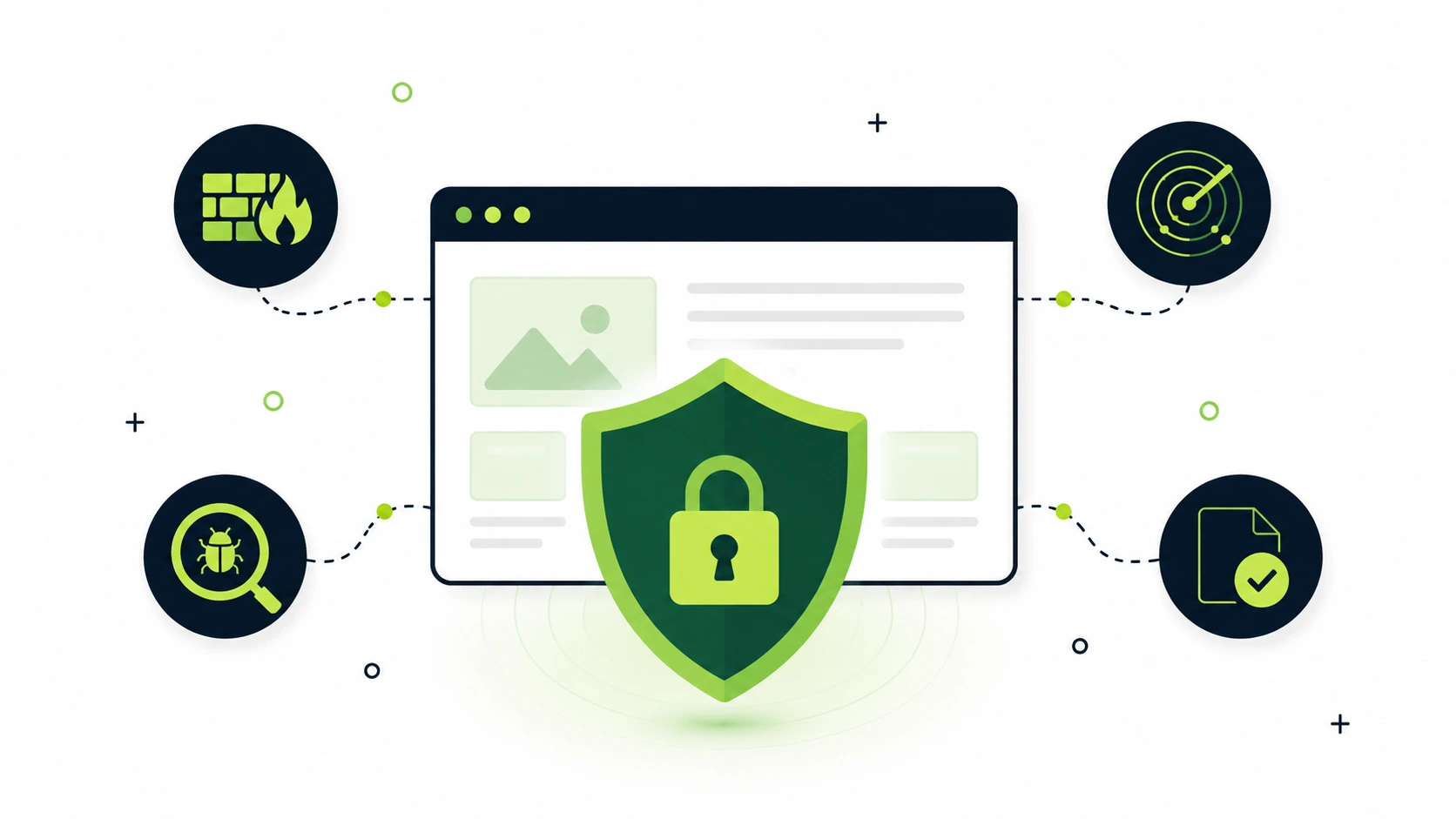 Website browser window protected by a shield with firewall, malware scanning, monitoring, and verification icons