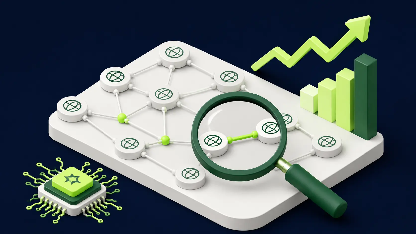 AI-powered backlink analysis with connected website nodes, magnifying glass, upward trend chart, and processor icon