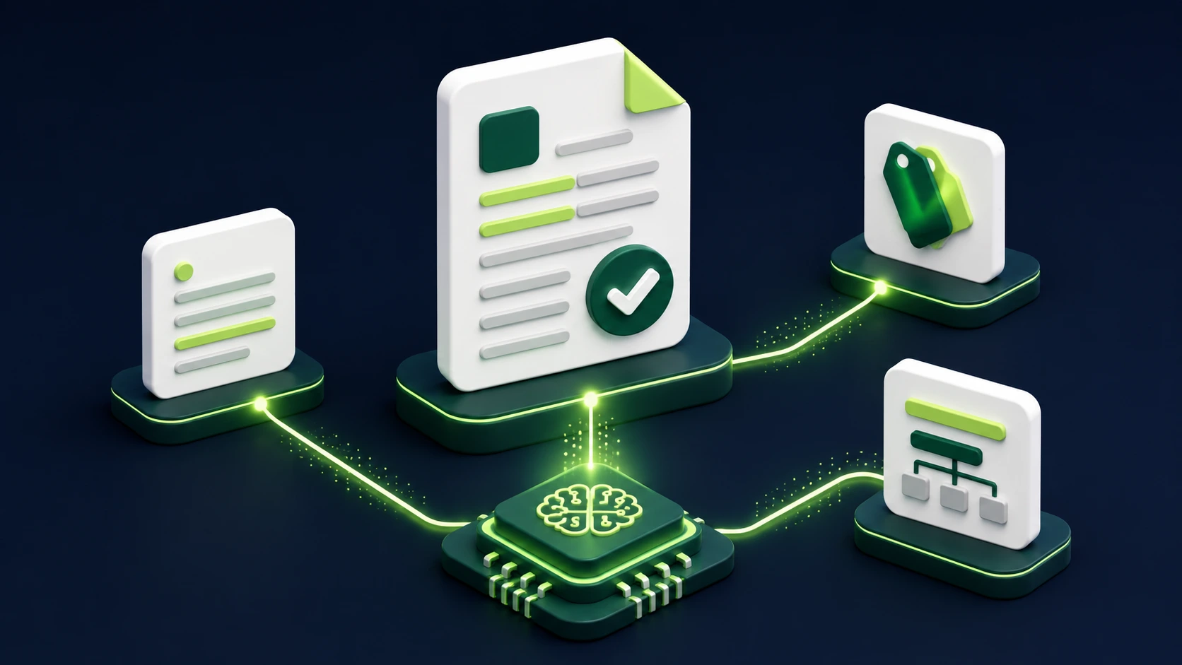 AI processor connected to a document icon with a checkmark, readability lines, keyword tags, and content structure elements