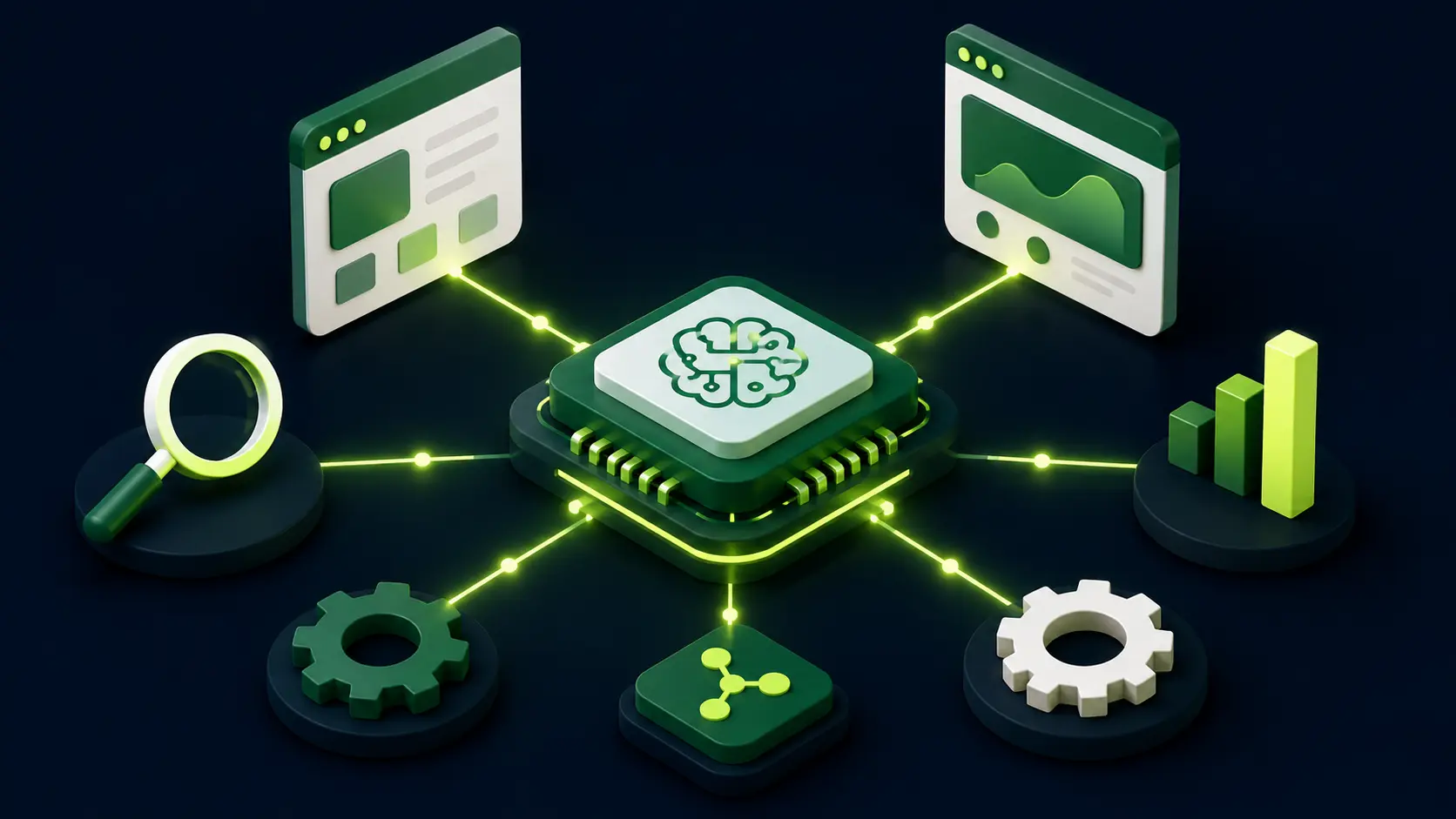 AI processor connected to SEO-related icons including browser windows, magnifying glass, bar chart, and gear symbols