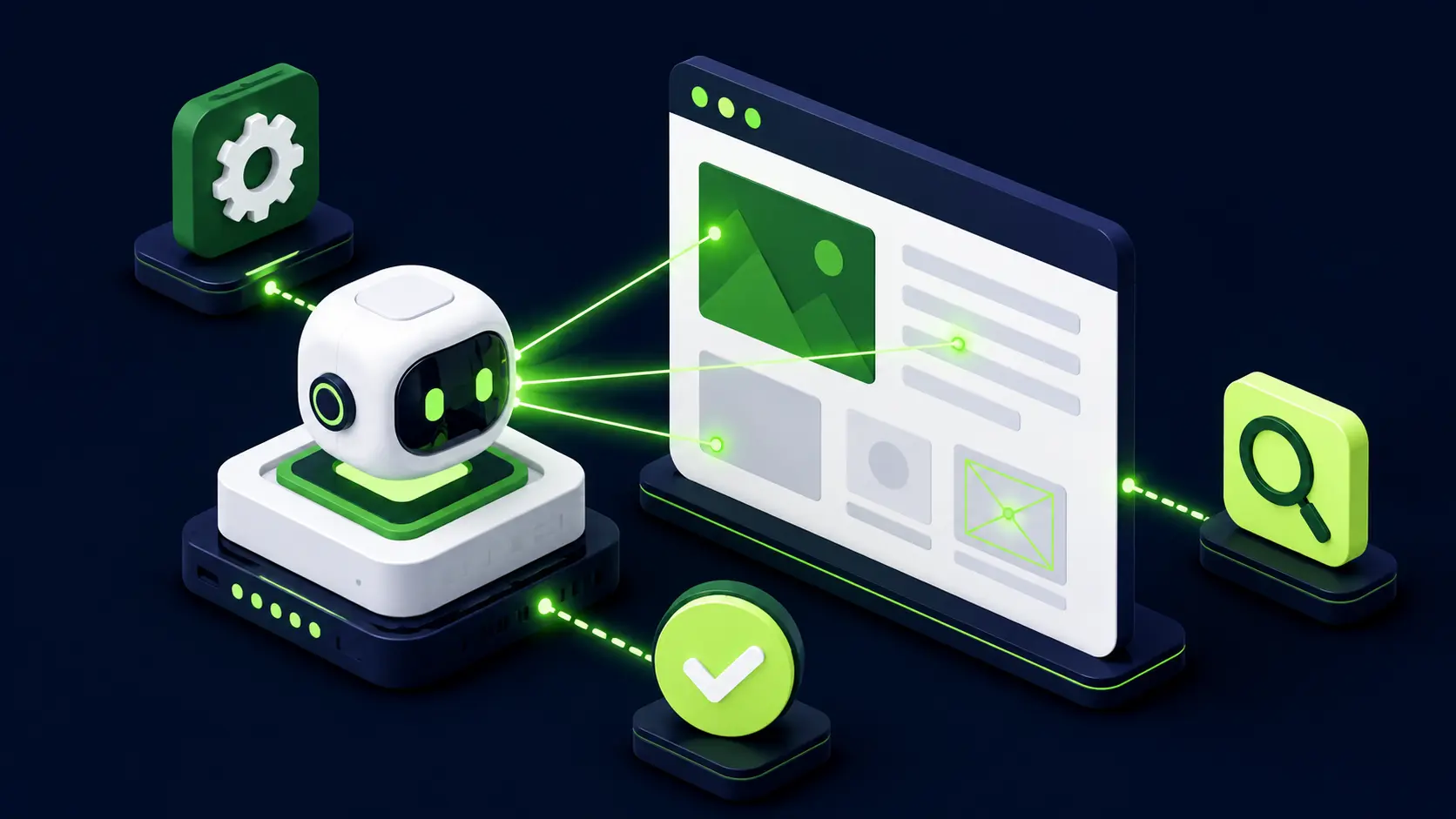 AI robot analyzing a website wireframe with magnifying glass, settings gear, and checkmark icons