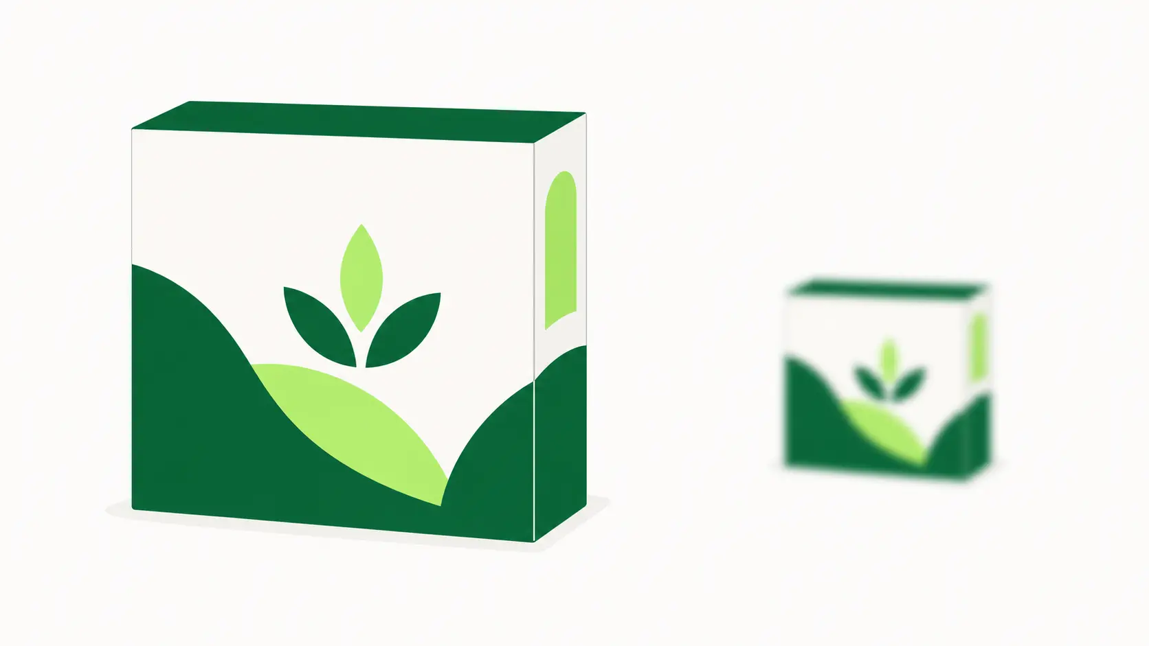 Side-by-side packaging comparison showing one large clear box design and the same design smaller and blurred like a thumbnail