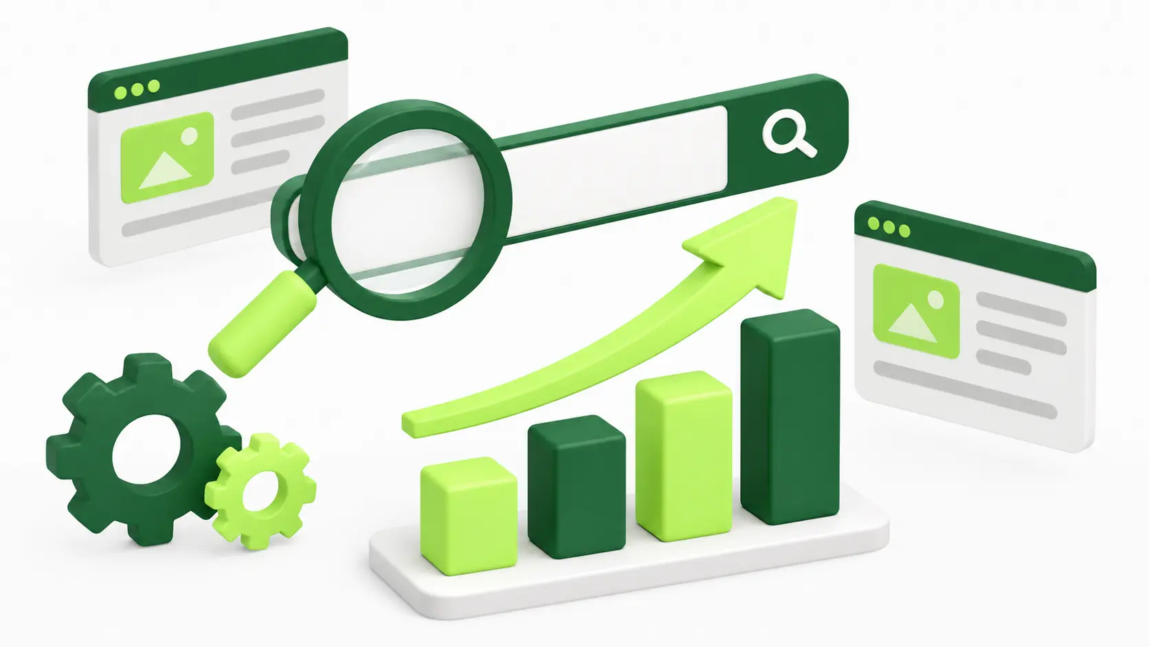 3D illustration of SEO growth with a rising bar chart, magnifying glass, search bar, browser windows, and optimization gears