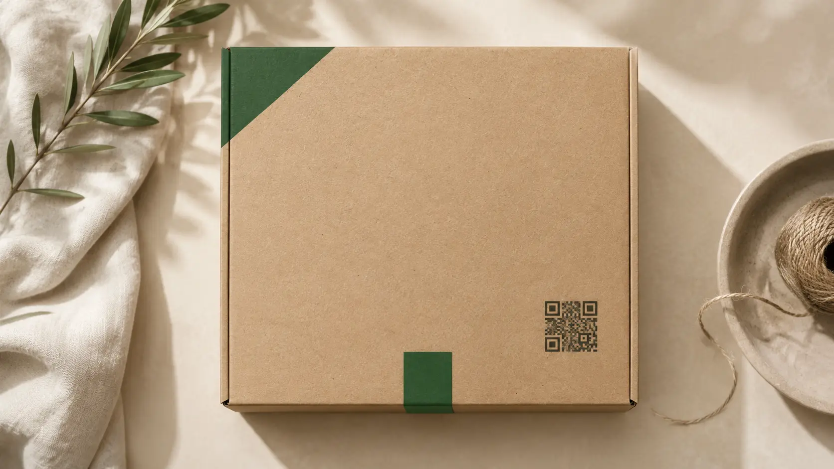 Sustainable fiber-first packaging box with QR code, representing 2026 packaging design trends