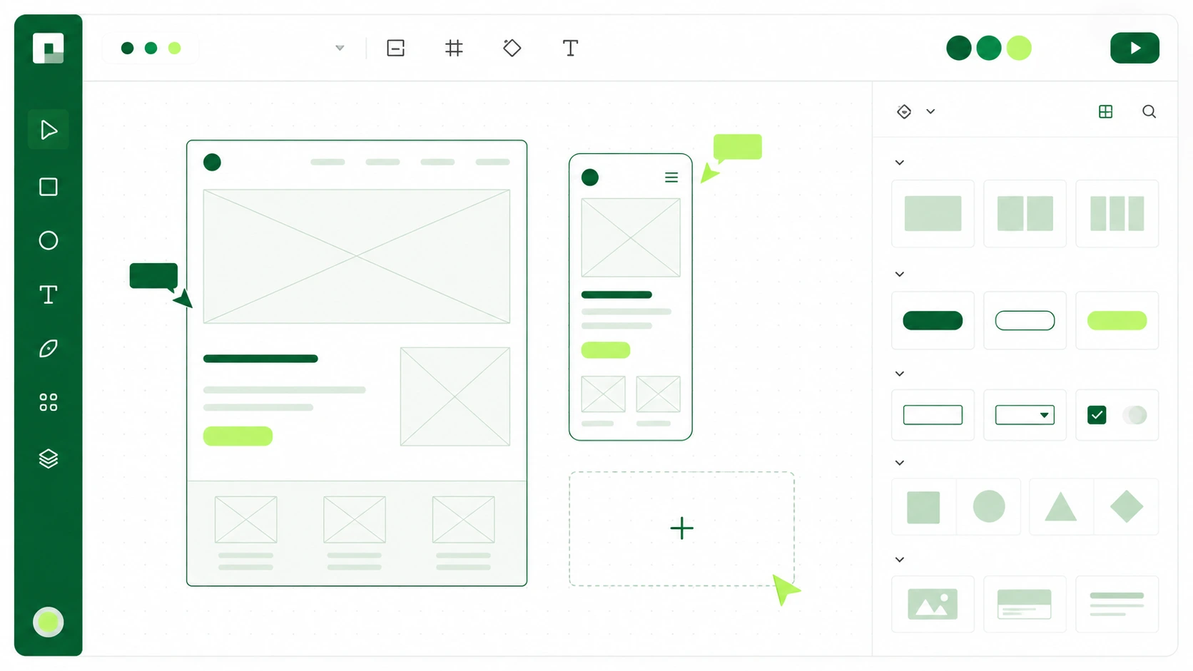 Design tool interface with wireframe layouts, component library panel, and cursor showing real-time collaboration