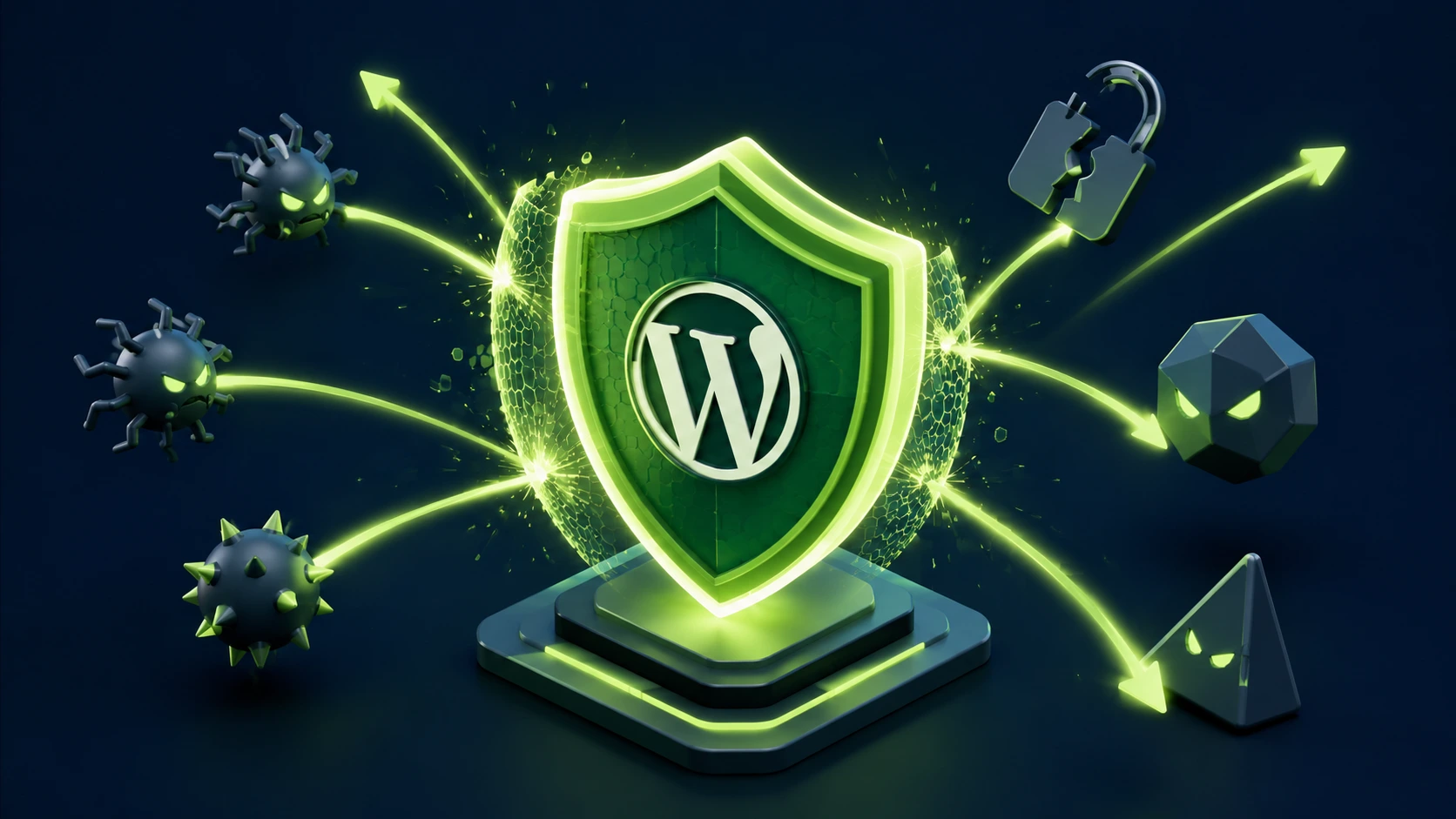 WordPress security shield deflecting malware, broken padlocks, and abstract threat symbols