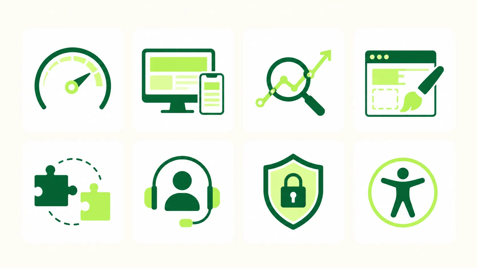 Eight icons representing WordPress theme evaluation criteria including speed, mobile responsiveness, SEO, customization, plugins, support, security, and accessibility